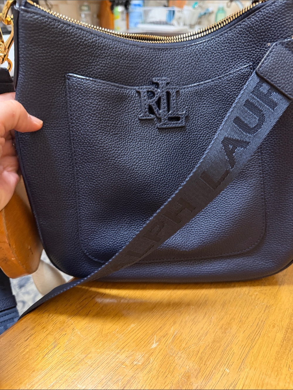 Ralph Lauren Pebbled Leather Shoulder Hobo in Navy with Logo Strap - Picture 2 of 5